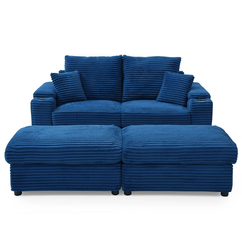 Streamdale Corduroy Loveseat with Ottomans & Pillows