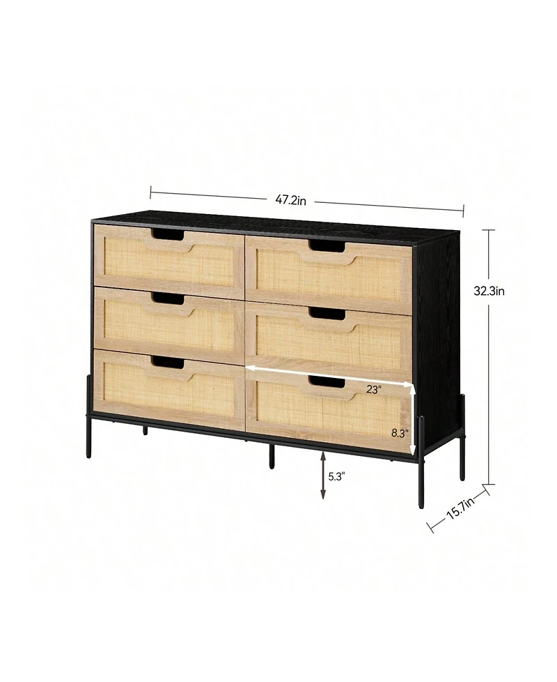 6 Drawers Dresser For Bedroom, Natural Rattan Drawer With Spacious Storage, Wood Chest Of Drawers With Metal Legs For Bedroom, Living Room, Hallway