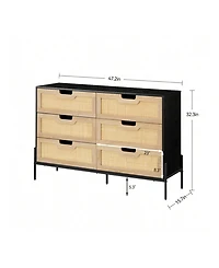 6 Drawers Dresser For Bedroom, Natural Rattan Drawer With Spacious Storage, Wood Chest Of Drawers With Metal Legs For Bedroom, Living Room, Hallway