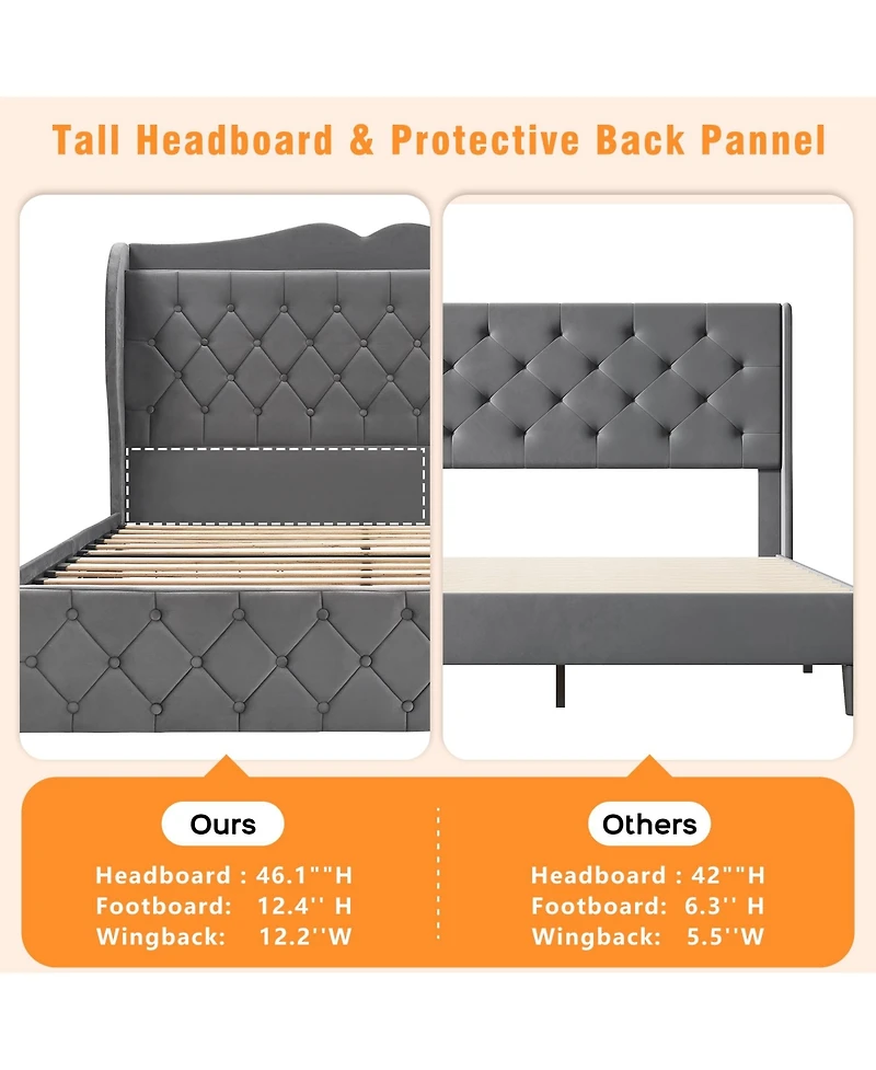 gaomon Full Size Grey Velvet Bed Frame with 4 Convenient Storage Drawers, Wingback Headboard with Charging Station