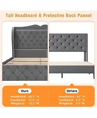 gaomon Full Size Grey Velvet Bed Frame with 4 Convenient Storage Drawers, Wingback Headboard with Charging Station