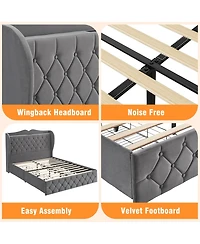 gaomon Queen Size Grey Velvet Bed Frame with 4 Convenient Storage Drawers