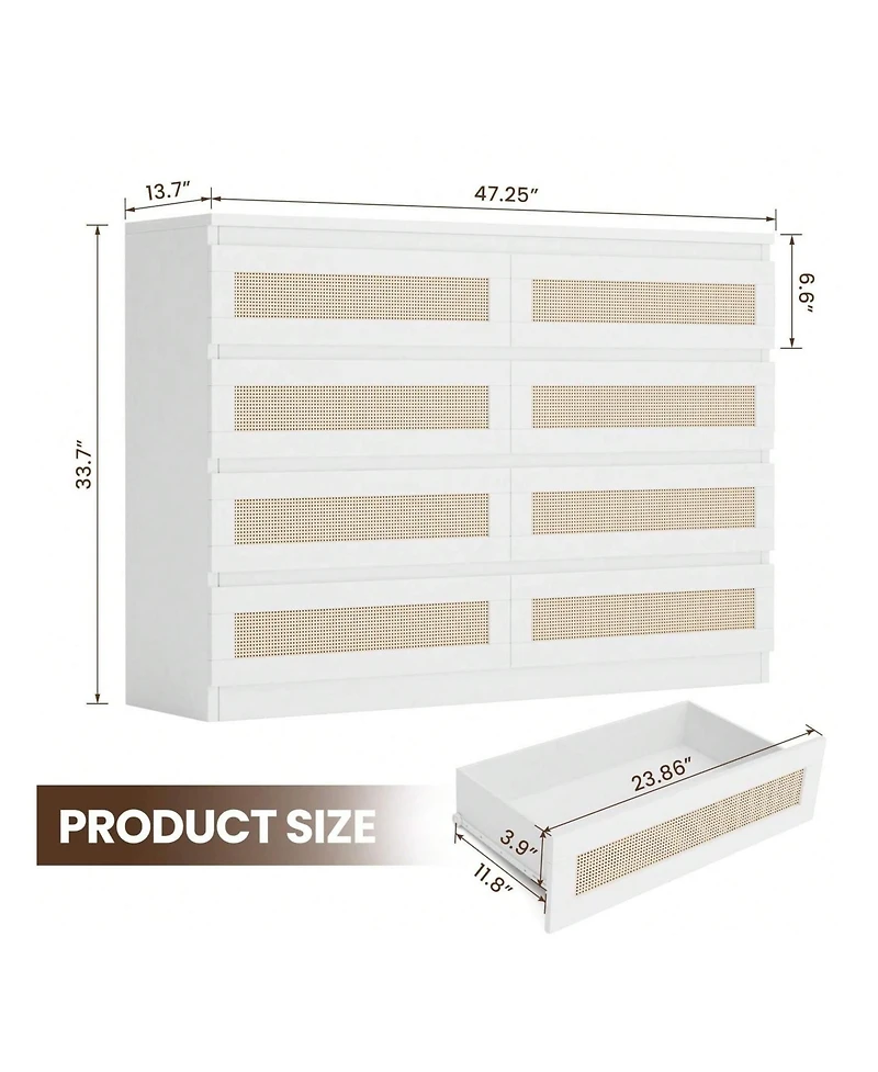 8 Drawer Double Dresser For Bedroom, Rattan Chest Of Dressers, Modern Wooden Dresser Chest