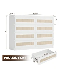 8 Drawer Double Dresser For Bedroom, Rattan Chest Of Dressers, Modern Wooden Dresser Chest