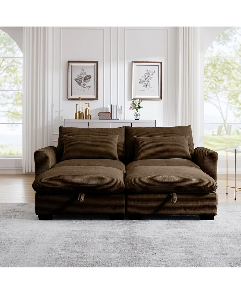 Streamdale Furniture Corduroy Two-Seater Sofa with 2 Storage Footrest, 2 Seater Sectional deep seat sofa,Comfy Couches for Living Room, Brown Sofa