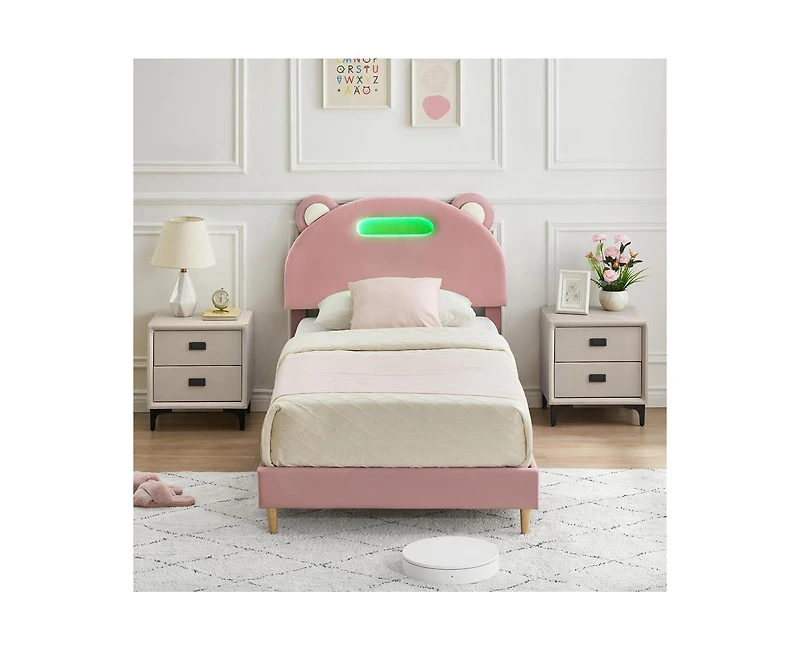 gaomon Led Twin Bed Frame with Light Pink Upholstered Adjustable Headboard, Velvet Platform, Wooden Slat Support, Noise-Free Construction, No Box Spri
