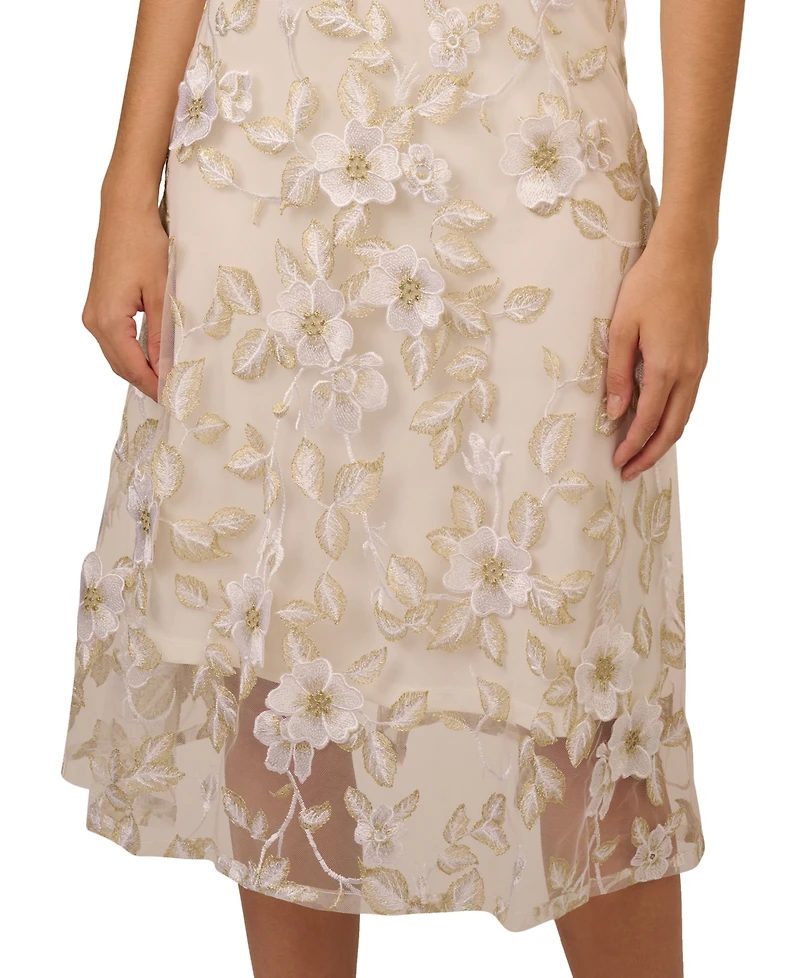 Adrianna Papell Women's Floral Embroidery Illusion Fit & Flare Midi Dress
