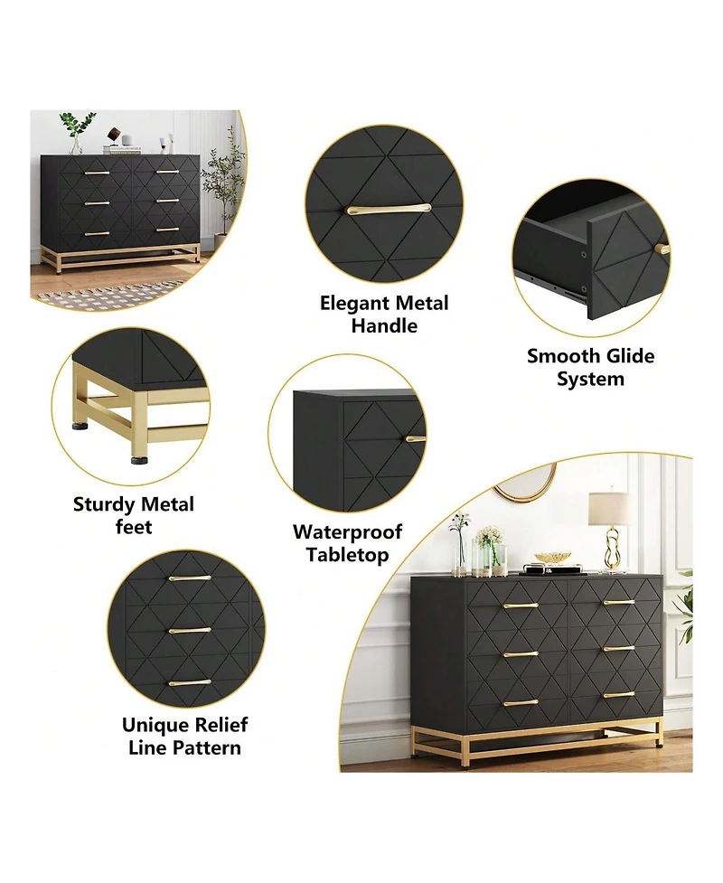 gaomon Dresser For Bedroom With 6 Drawer Double Dressers, Modern Wooden Dresser Chest, Beside Table For Closet, Nursery, Living Room