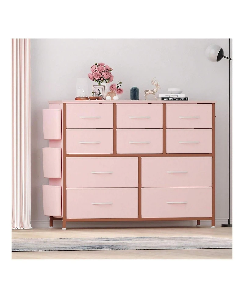 Dresser For Bedroom, 10 Drawers Fabric Storage Drawer, Dressers & Chest Of Drawers With Side Pockets, Hooks, Wood Tabletop For Closet, Living Room, Ha
