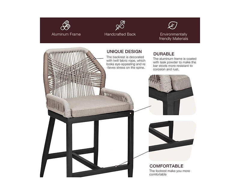 gaomon Woven Outdoor Counter Height Bar Stools Chairs Set of 2, Rattan Garden Counter Stools with Aluminum Frame, Modern Barstool with Backrest for Ki