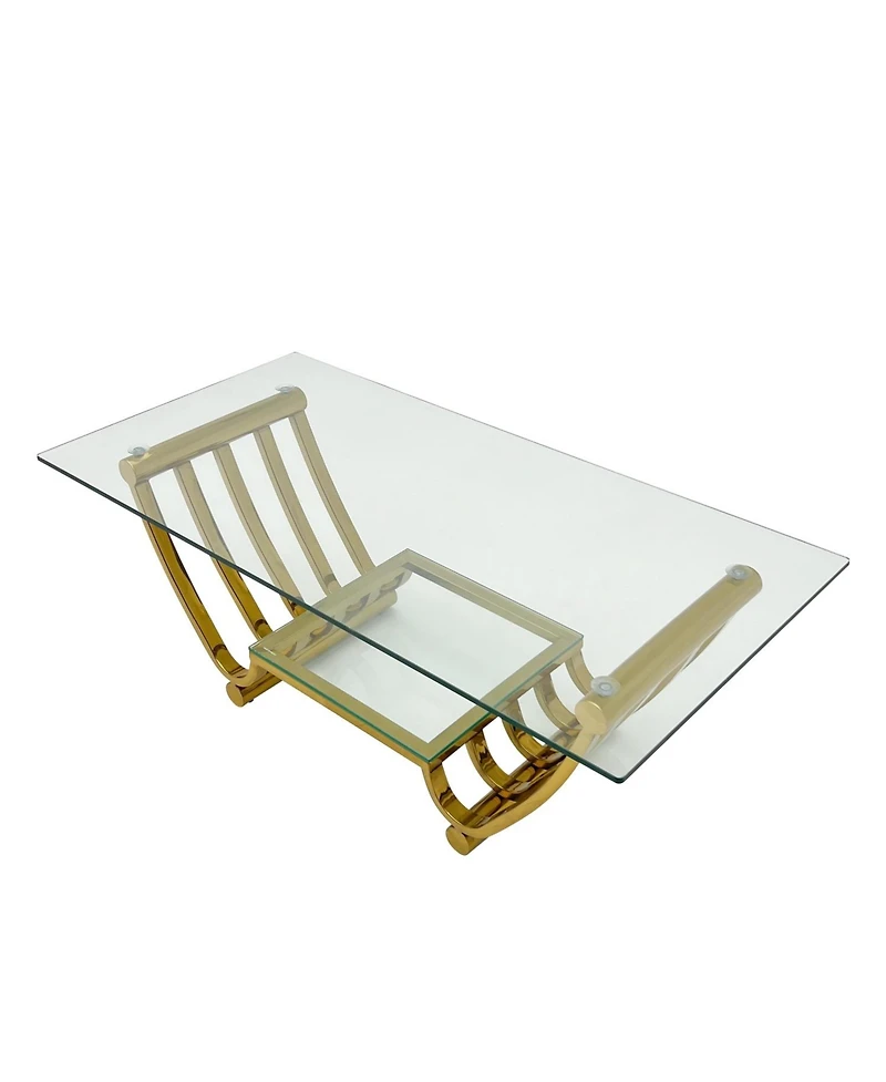 47" Rectangle Modern Stainless Steel Coffee Table, Double-Layer Clear Tempered Glass Coffee Table, Center Table Table with Storage, for Living Ro
