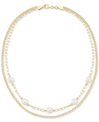 Cultured Freshwater Pearl (6.5-7mm) Paperclip & Curb Link 2-Row Necklace in 14k Gold over Sterling Silver, 18" Made in Italy