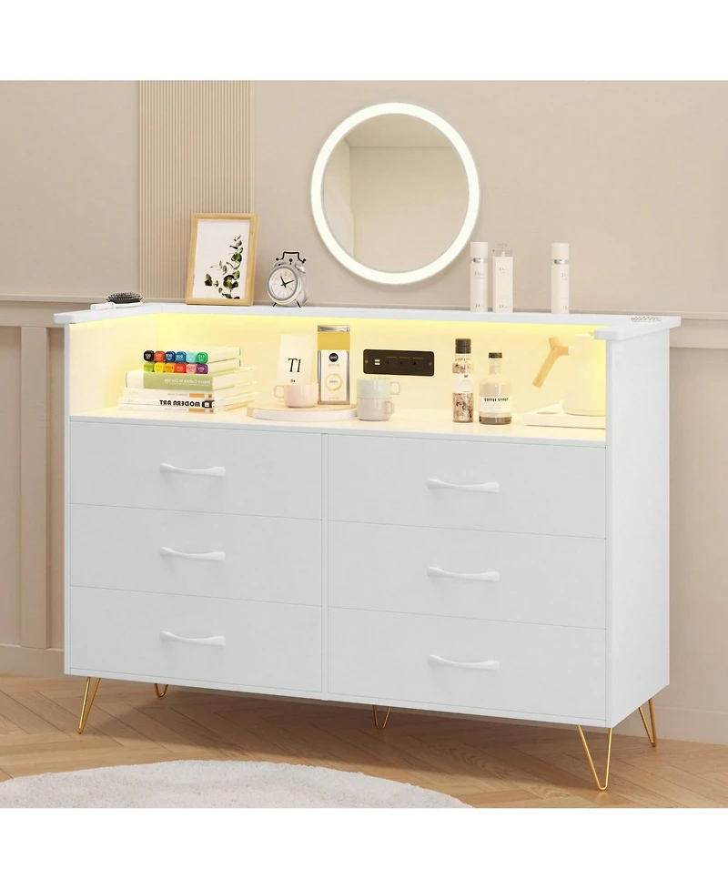 Dresser For Bedroom With Led Light & Charging Station, 6 Wooden Drawers Dressers With 2-Tier Open Shelves, Modern Chest Of Double Wide Drawers For Liv
