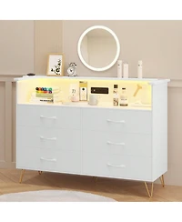 Dresser For Bedroom With Led Light & Charging Station, 6 Wooden Drawers Dressers With 2-Tier Open Shelves, Modern Chest Of Double Wide Drawers For Liv