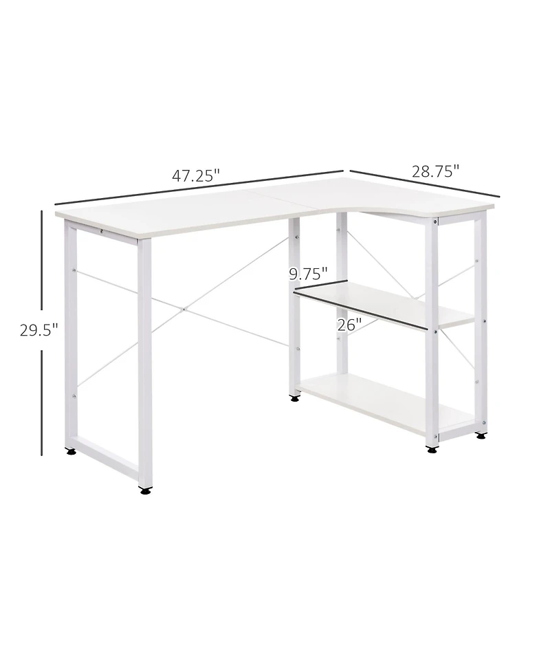 Homcom L-Shaped Computer Desk with 2 Side Shelves and Steel Frame,