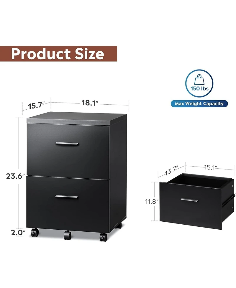 2 Drawer Wood File Cabinet, Mobile Lateral Filing Cabinet with Storage, Letter Legal Size