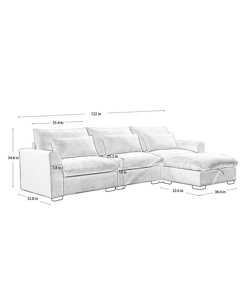 Streamdale Furniture Corduroy Sectional Sofa, L Shaped Couch with Storage Footstool and 3 Pillow, Sectional Couch for Living Room Apartment