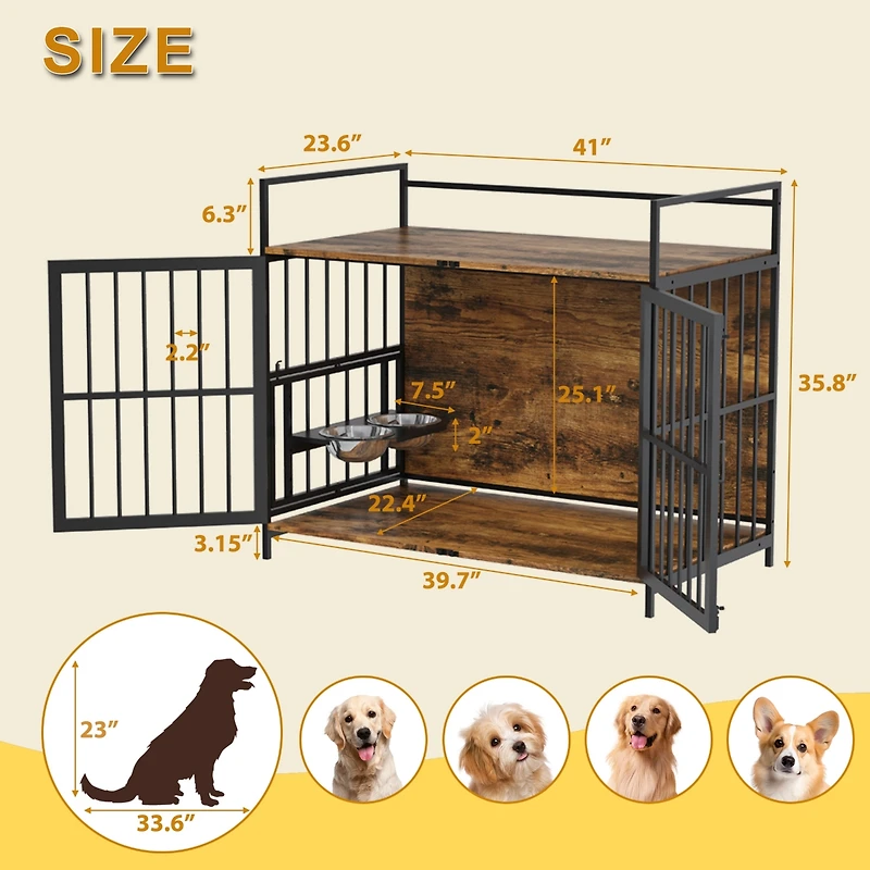 Lovmor Furniture Style Dog Crate Large Dogs Indoor Heavy Duty Dog Kennels with 2 Stainless Steel Bowls