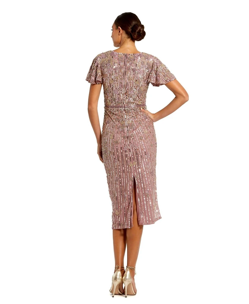 Mac Duggal Women's Embellished Faux Wrap Flutter Sleeve Dress