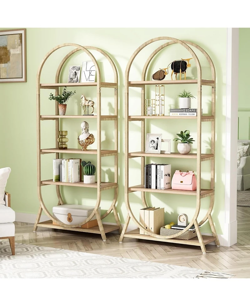 Tribesigns 5-Tier Open Bookshelf, 70.8" Tall Arched Bookcase, Modern Brown Metal Frame Storage Bookshelves