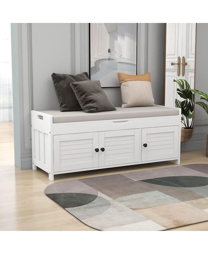 3-Door Storage Bench with Cushion – Hidden Shoe Organizer for Hallway, Mudroom, or Foyer