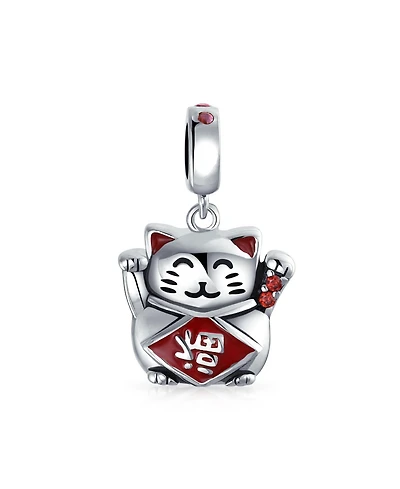 Bling Jewelry Japanese Maneki Neko Lucky Cat Good Fortune Dangle Charm Bead Red Enamel .925 Sterling Silver Fits European Bracelet