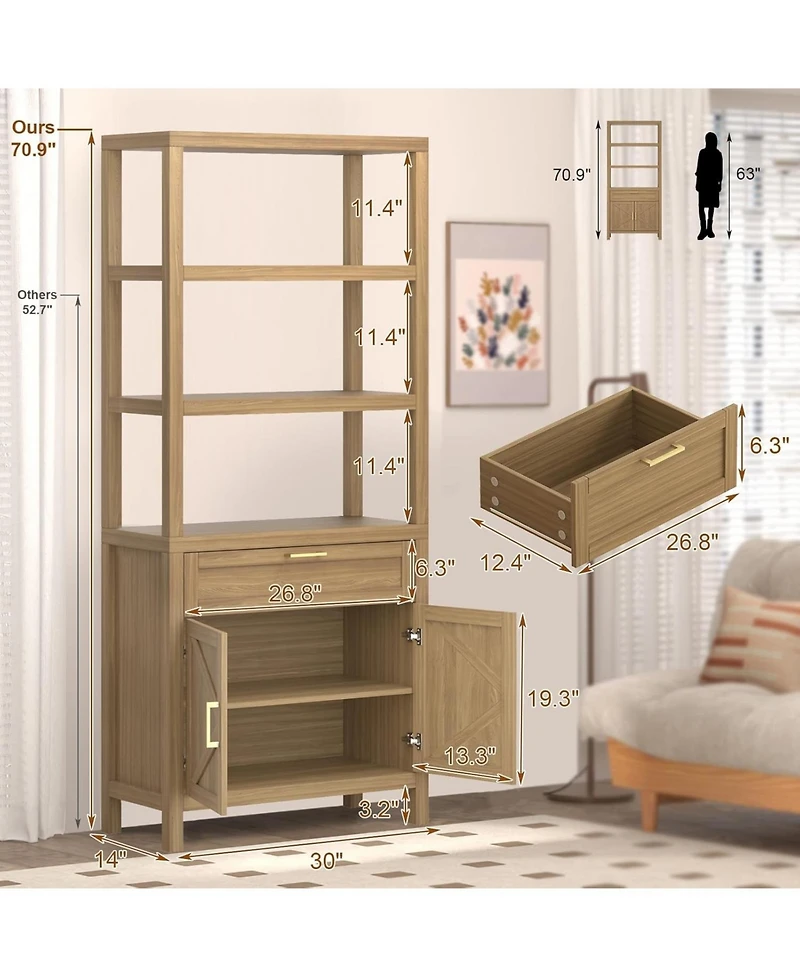 gaomon 71" Bookshelf and Bookcase with Doors, 5 Tier Tall Bookshelf Storage with Cabinet and Drawer, Modern Bookshelf Cabinet with Adjustable Shelves,