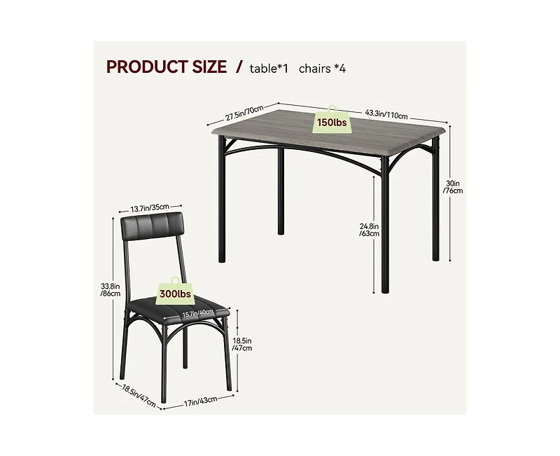gaomon Dining Table Set for 4, Kitchen Table with 4 Upholstered Chairs, 5 Piece Rectangular Dining Room Table Set, for Small Space, Apartment, Home