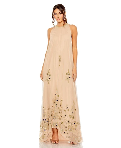 Mac Duggal Women's High Neck Floral Embellished Trapeze Gown