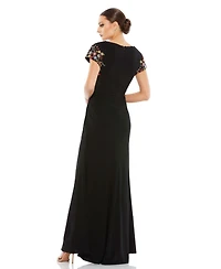 Women's Embellished Sleeve Jersey Wrap Gown