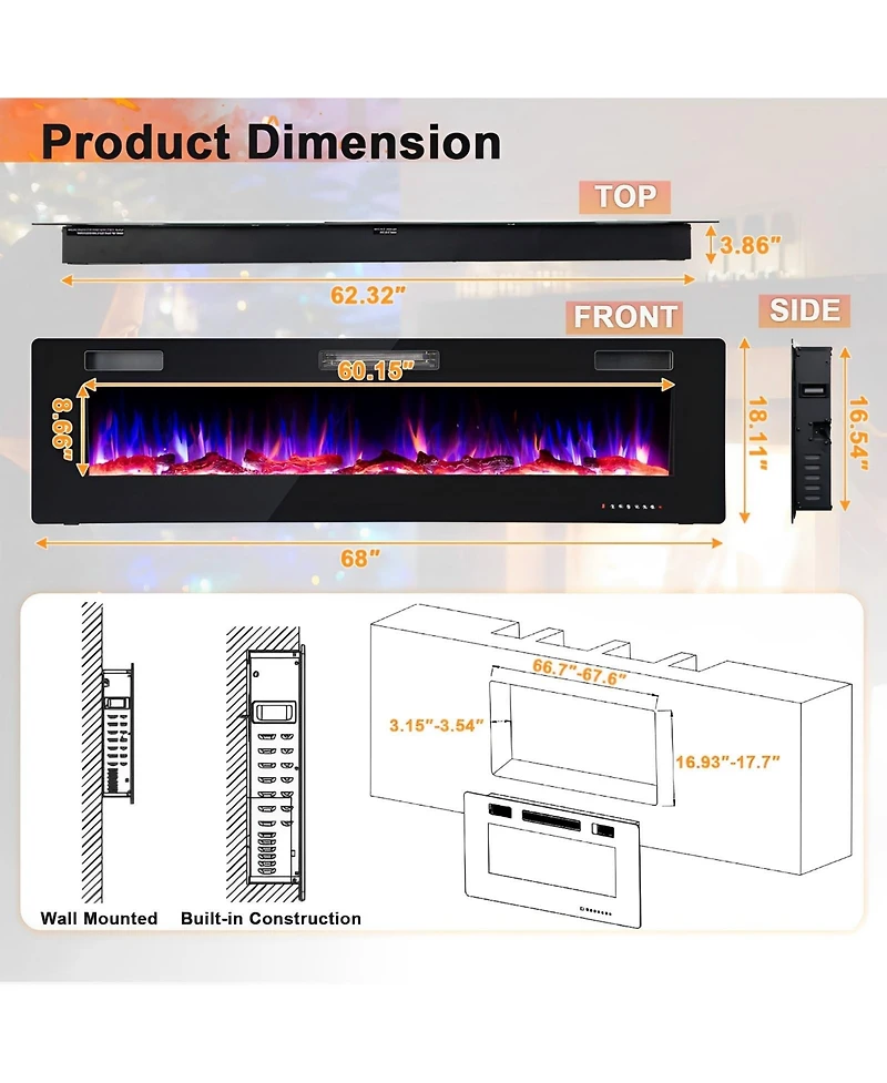 Sugift 68 Inch Ultra-Thin Electric Fireplace Recessed Wall Mounted with Crystal Log Decoration