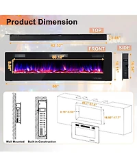 Sugift 68 Inch Ultra-Thin Electric Fireplace Recessed Wall Mounted with Crystal Log Decoration