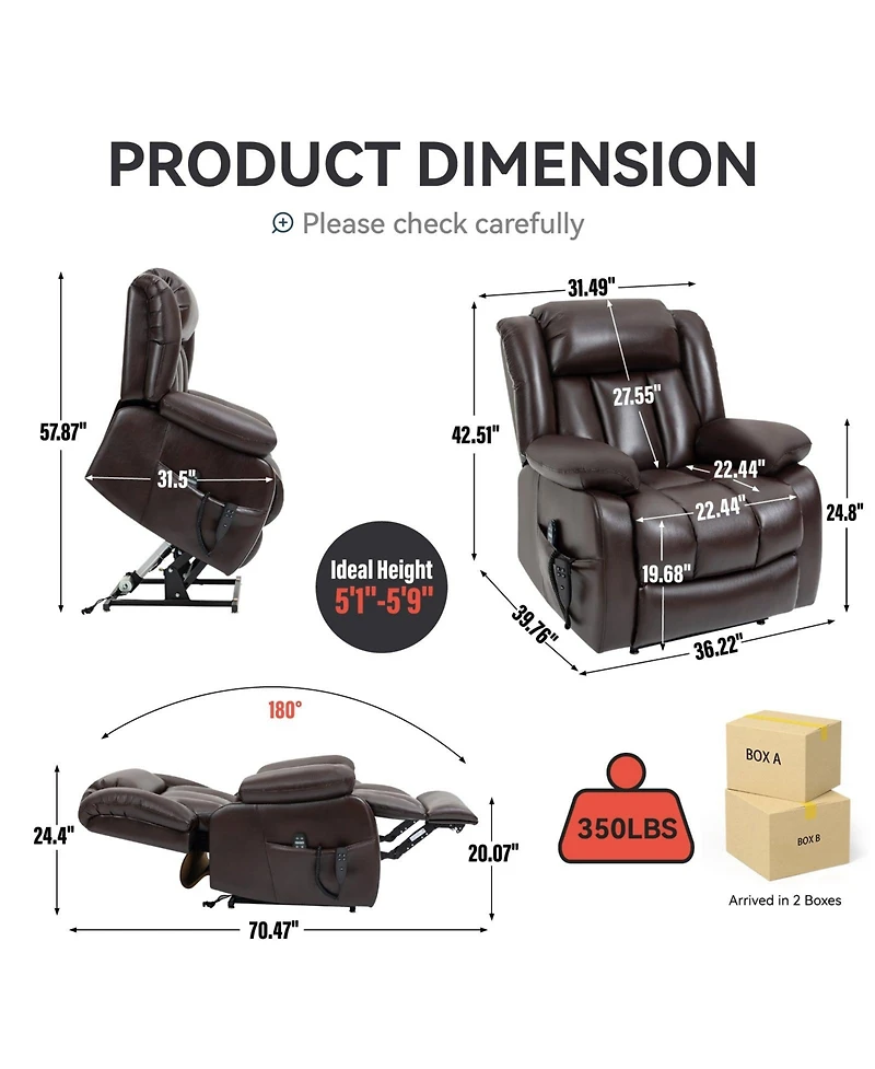 Boyel Living Electric Medium Genuine Leather Power Lift Recliner Chair with 8-Point Vibration Massage and Lumbar Heating