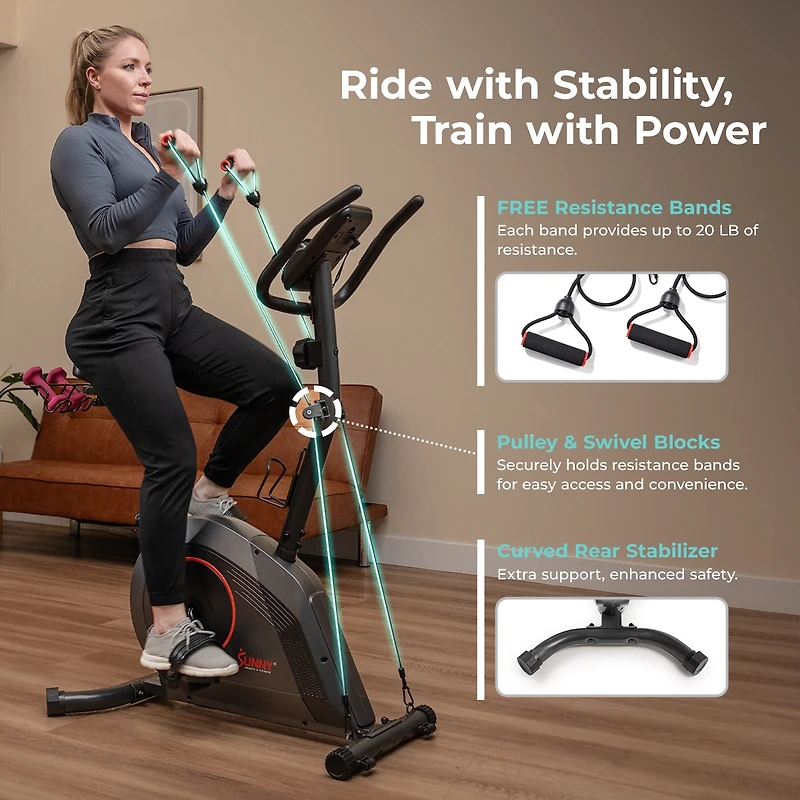 Sunny Health & Fitness Smart 16-Level Magnetic Resistance Upright Bike, with Workout Bands & Free SunnyFit App via Bluetooth