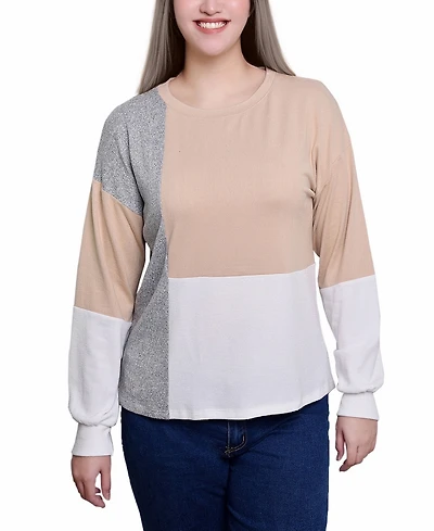 Ny Collection Petite Long Sleeve Colorblocked Boat Neck Top