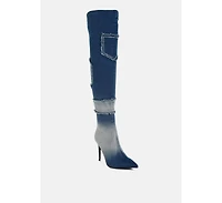 Eilish Rhinestones Knee High Denim Boots