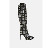 Sharmin Checkered Sequin Knee High Boots