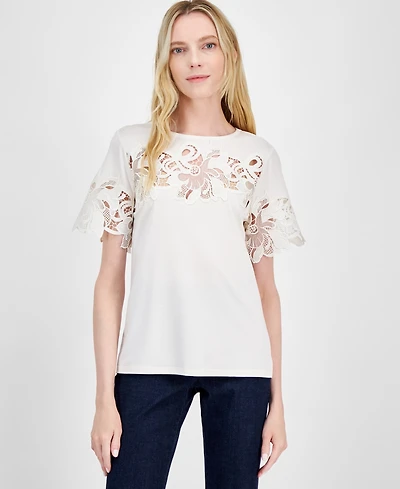 Anne Klein Women's Harmony Open-Floral Crewneck Top