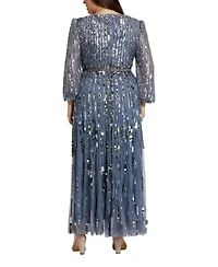 Mac Duggal Plus Long Sleeve Beaded Crystal Deep V Neckline Gown