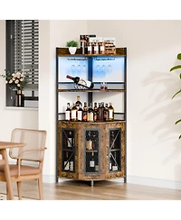 gaomon Tall Corner Bar Cabinet with Power Outlet and Led, Wine Cabiner for Liquor, Industrial Corner Cabinet with Wine Storage, 5-Tiers Liquor Cabinet