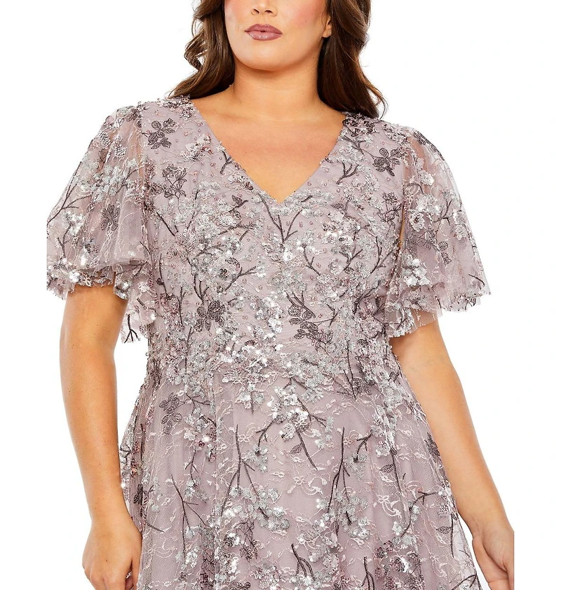 Mac Duggal Plus V Neck Flutter Sleeve A Line Embellished Dress