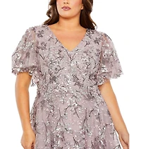 Mac Duggal Plus V Neck Flutter Sleeve A Line Embellished Dress