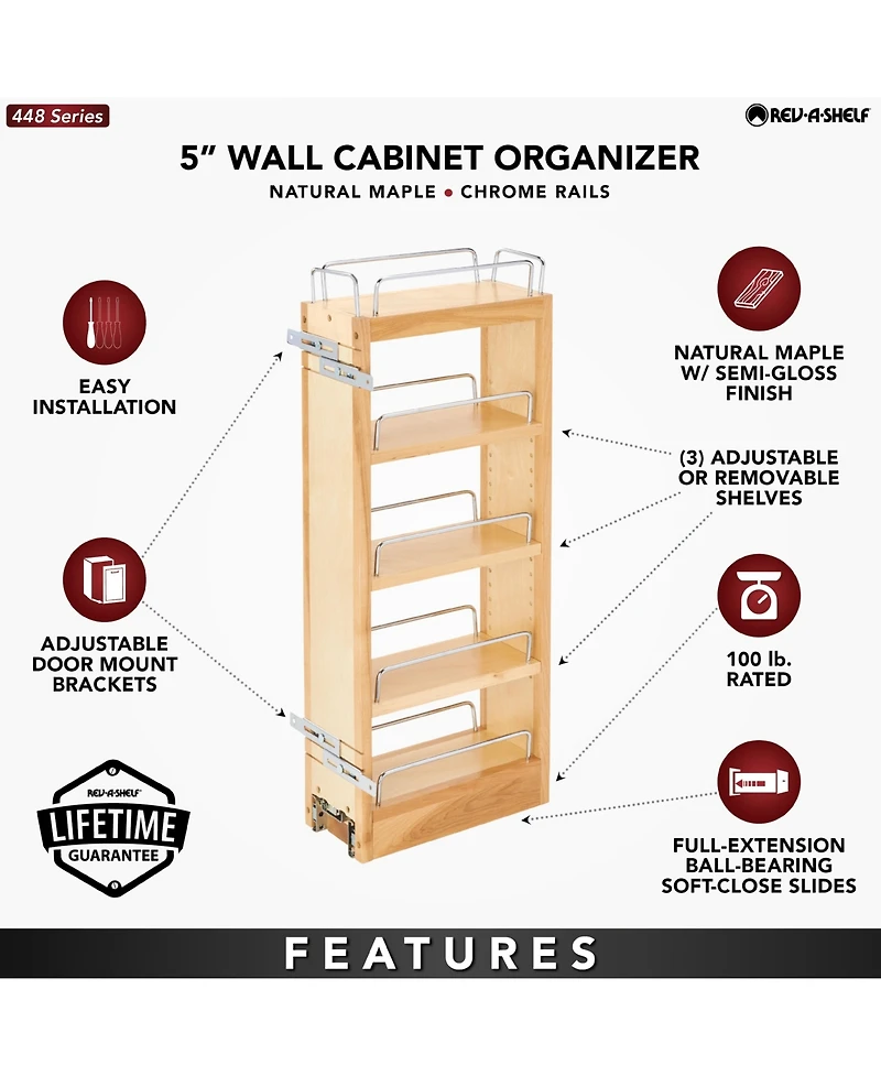 Rev-a-Shelf 5" Pullout Wall Kitchen Cabinet Organizer Storage Rack, 448-wc-5C
