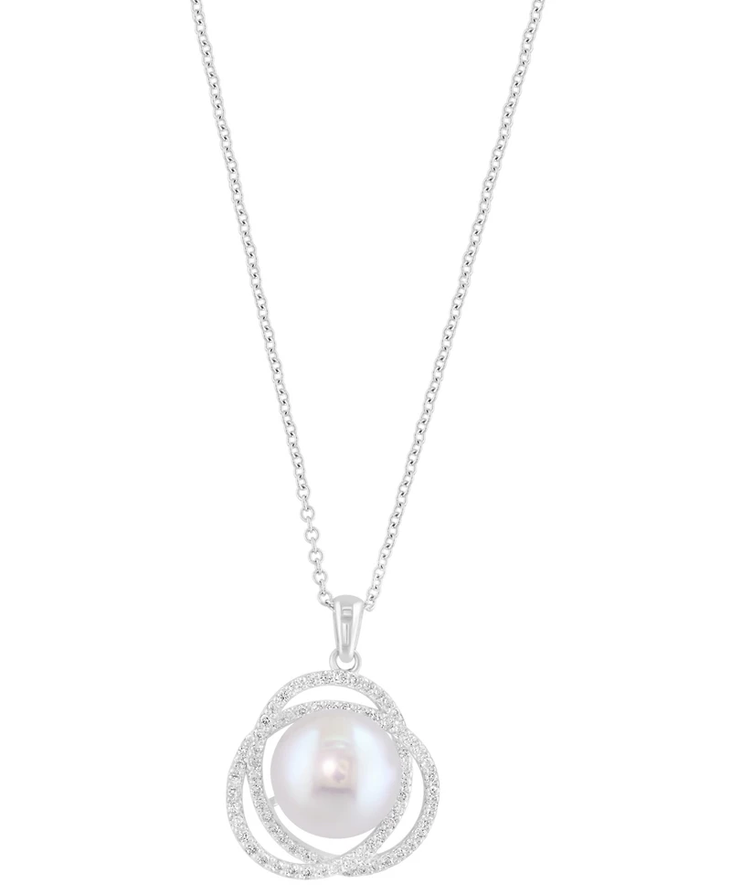 Effy Cultured Freshwater Pearl (9mm) & Diamond (1/3 ct. t.w.) Swirl Knot 18" Pendant Necklace in 14k White Gold