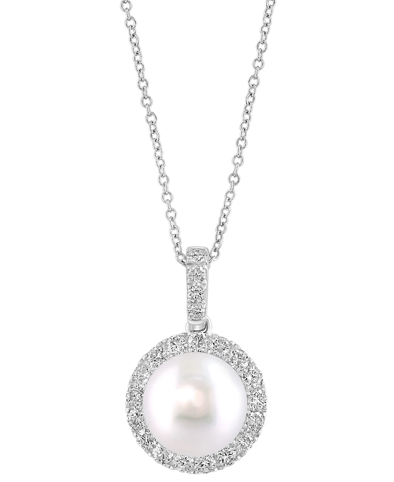 Effy Cultured Freshwater Pearl (10mm) & Diamond (5/8 ct. t.w.) Halo 18" Pendant Necklace in 14k White Gold