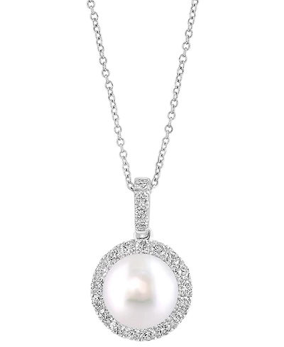 Effy Cultured Freshwater Pearl (10mm) & Diamond (5/8 ct. t.w.) Halo 18" Pendant Necklace in 14k White Gold