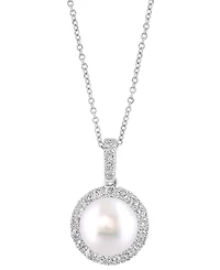 Effy Cultured Freshwater Pearl (10mm) & Diamond (5/8 ct. t.w.) Halo 18" Pendant Necklace in 14k White Gold