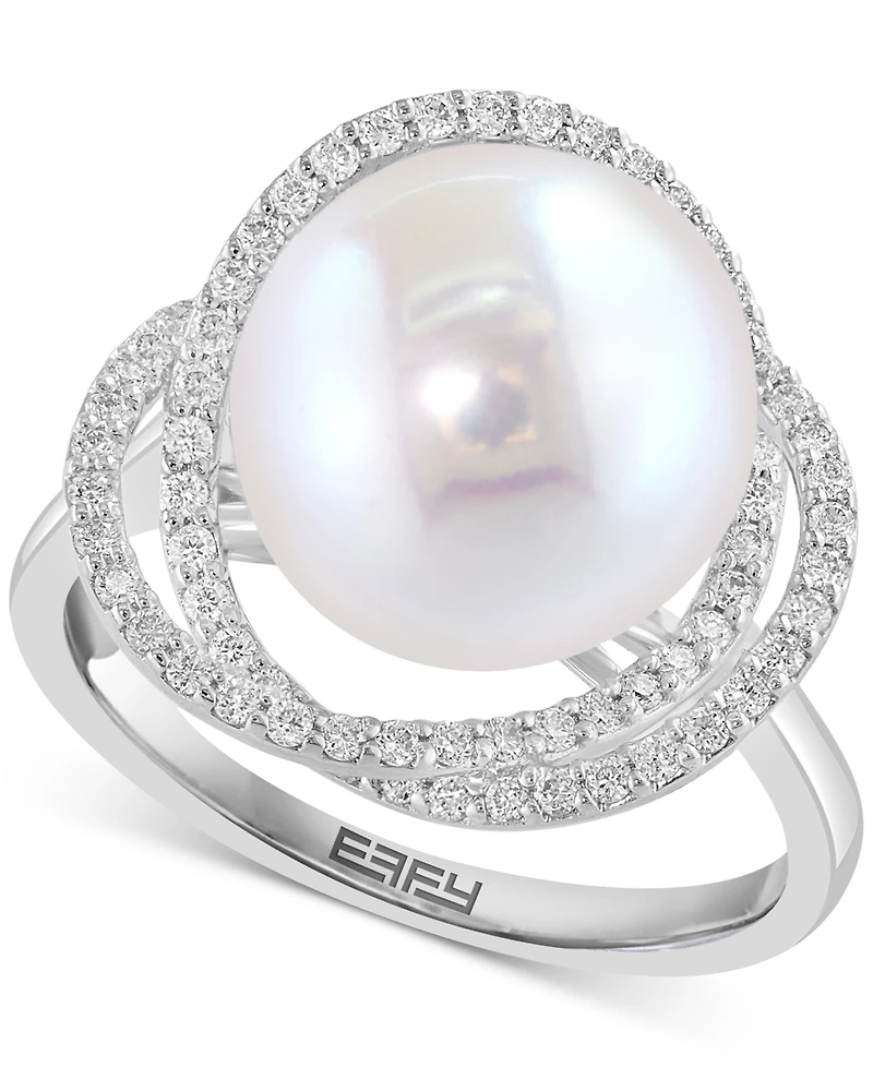 Effy Cultured Freshwater Pearl (10mm) & Diamond (1/3 ct. t.w.) Spiral Knot Statement Ring in 14k White Gold