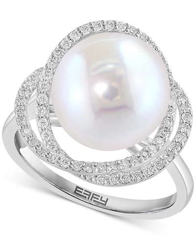 Effy Cultured Freshwater Pearl (10mm) & Diamond (1/3 ct. t.w.) Spiral Knot Statement Ring in 14k White Gold