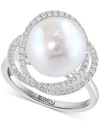 Effy Cultured Freshwater Pearl (10mm) & Diamond (1/3 ct. t.w.) Spiral Knot Statement Ring in 14k White Gold